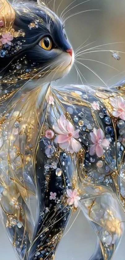 Fantasy floral cat with intricate details and vibrant colors.