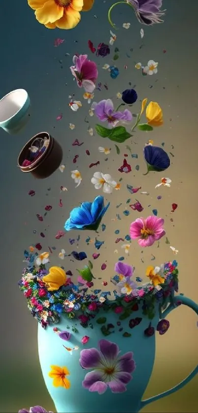 A teal cup with a magical explosion of colorful flowers floating in the air.