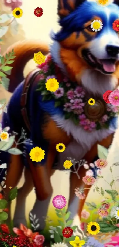 Happy dog in a colorful floral landscape mobile wallpaper.