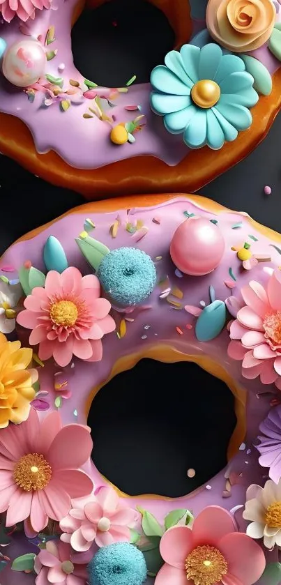 Vibrant floral fantasy donut wallpaper with colorful flower designs.