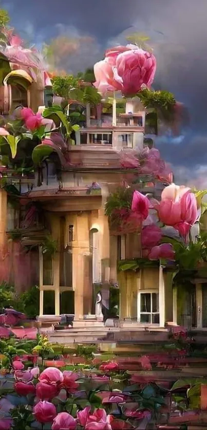 A dreamy mobile wallpaper with vibrant pink flowers and an artistic architectural blend.