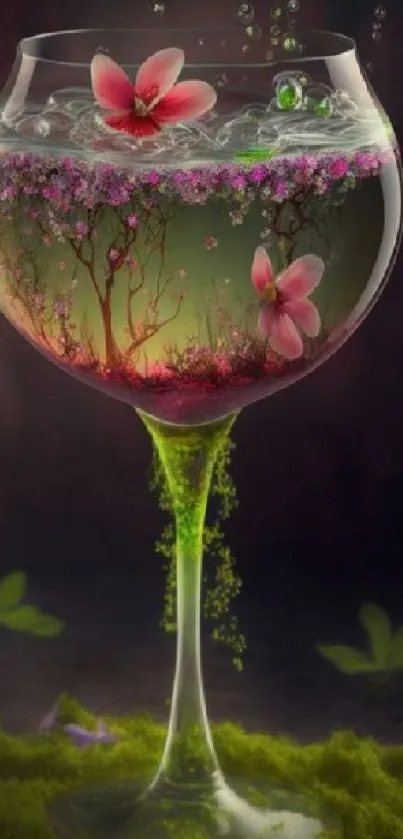 Fantasy glass art with flowers and moss, vibrant nature theme.