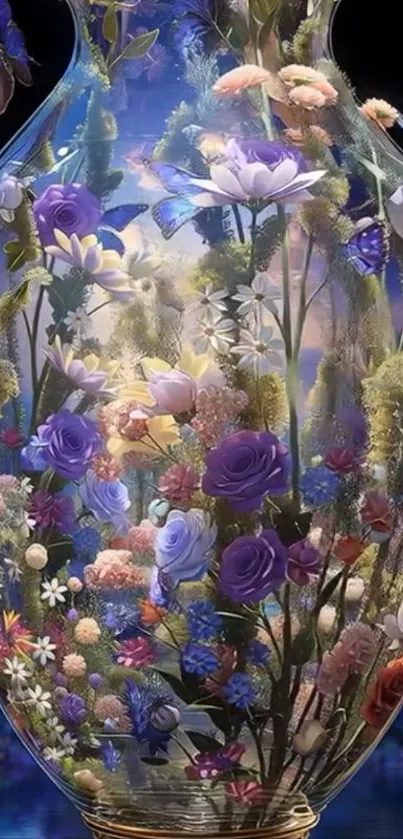 Artistic wallpaper of flowers and butterflies in a glass vase.