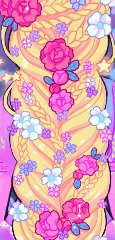 Whimsical floral braid with colorful flowers on a mobile wallpaper.