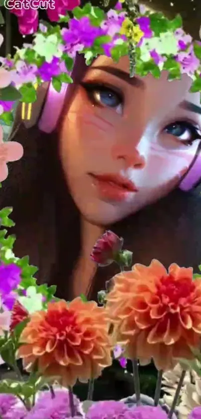 A girl with headphones surrounded by vibrant pink and orange flowers.