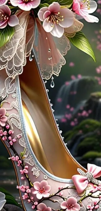 Ornate floral high heel with cherry blossoms in a fantasy setting.
