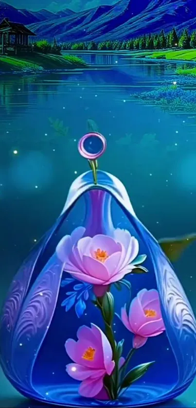 Elegant vase with pink flowers by a serene lake under a starry sky.