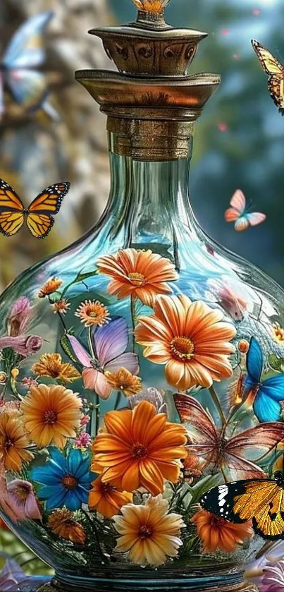 Colorful flowers and butterflies in a glass vase wallpaper.