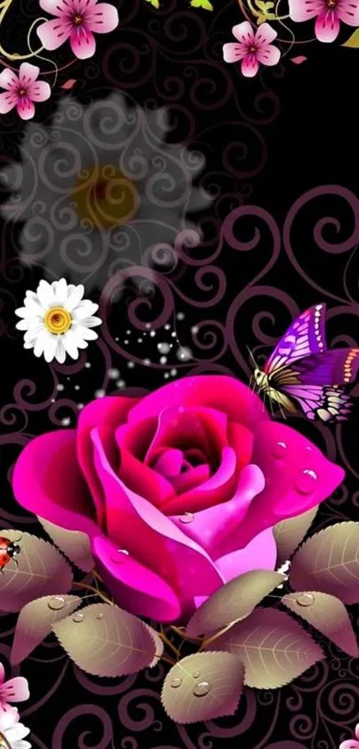 Vibrant floral wallpaper with pink rose and butterfly on a black background.