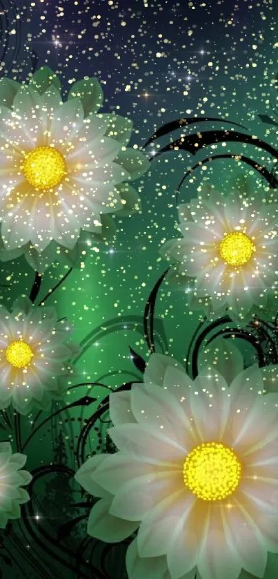 Glowing white flowers on green background with stars.