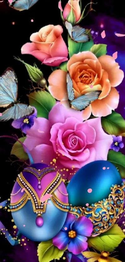 Colorful flowers and butterflies with elegant masks on a purple background.