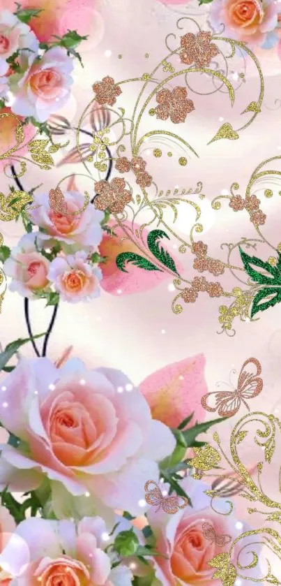 Elegant wallpaper with pink roses and butterflies.