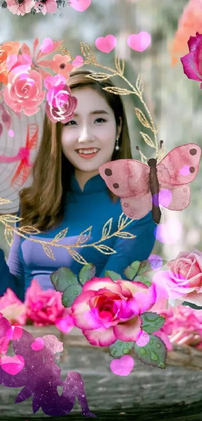 Colorful mobile wallpaper with flowers and butterflies.