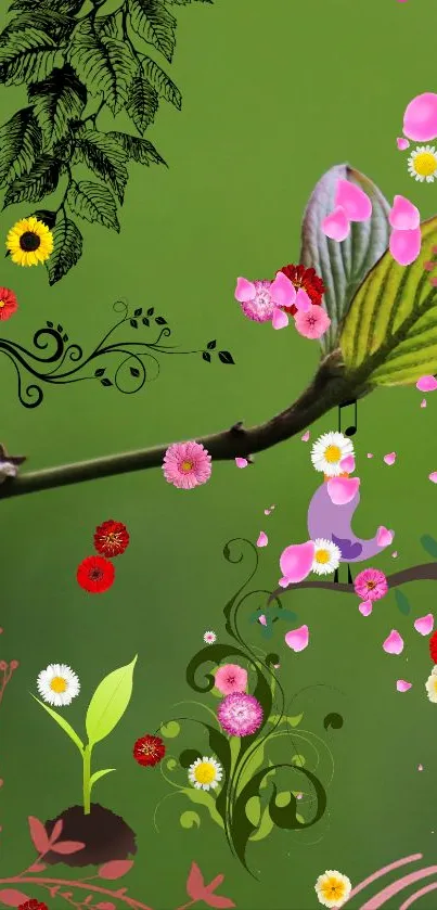 Green background with colorful floral designs and leaves.
