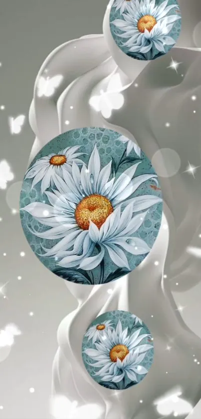 Elegant mobile wallpaper with white daisies and butterflies in teal hues.