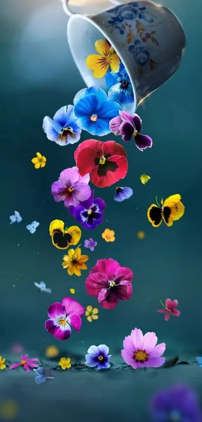 Colorful flowers cascading from a teacup.