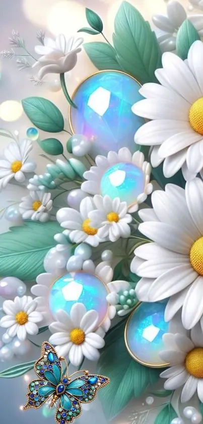 Elegant floral mobile wallpaper with vibrant daisies and jewel elements.