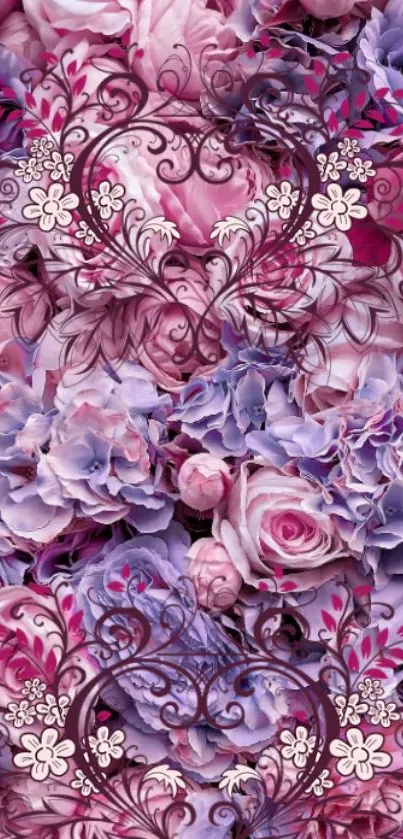 Pink and purple floral wallpaper with intricate designs.