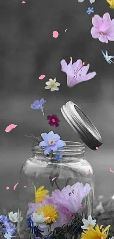 Colorful flowers overflow from a jar with a blurred background.