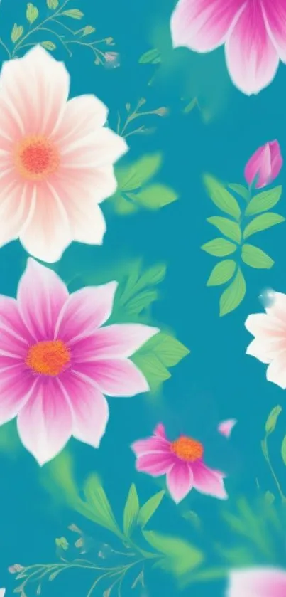 Pink and white flowers on turquoise background wallpaper.