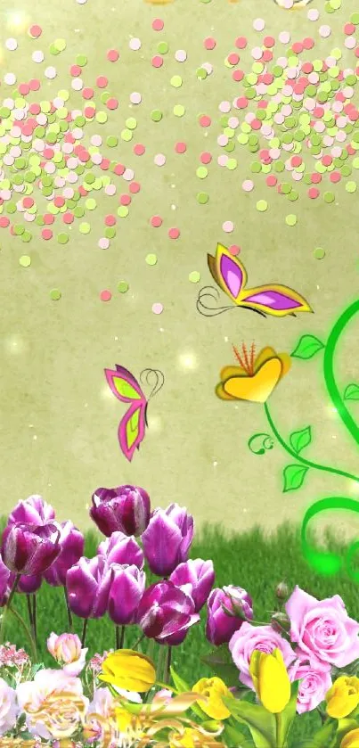 Floral wallpaper with butterflies and vibrant tulips on a light green background.