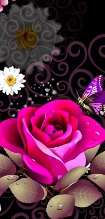 Vibrant wallpaper with pink rose, butterflies, and floral accents.