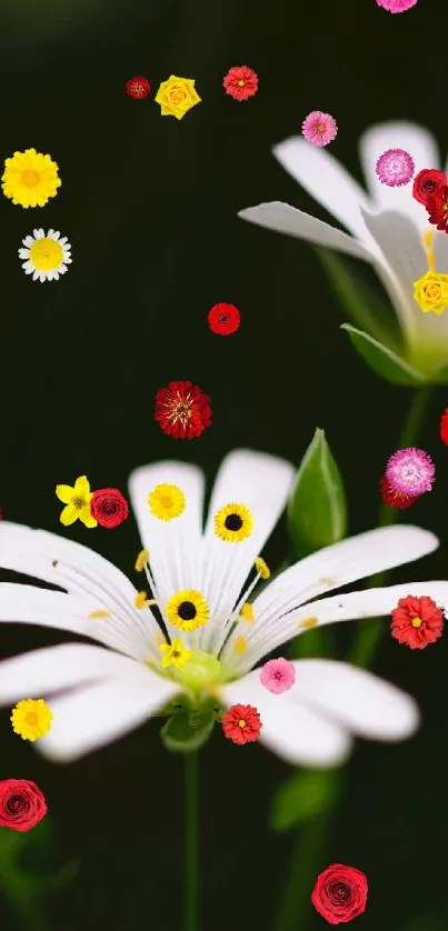 Vibrant floral mobile wallpaper with white and colorful flowers.