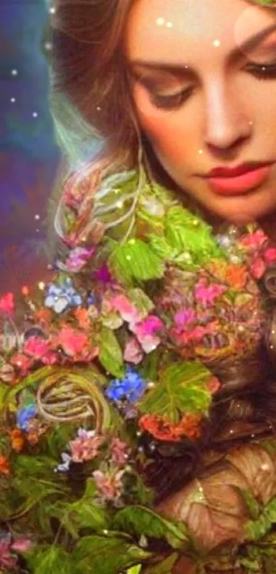 Dreamy girl with vibrant floral background illustration.