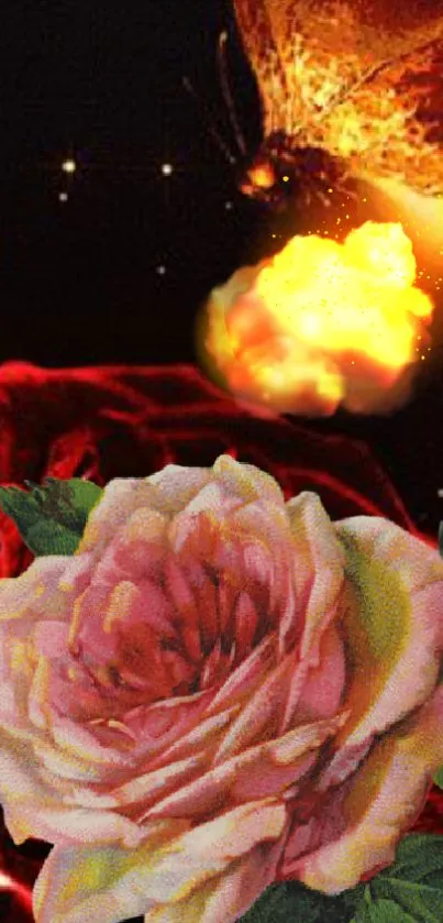 Artistic mobile wallpaper with roses and a fiery cosmic element.