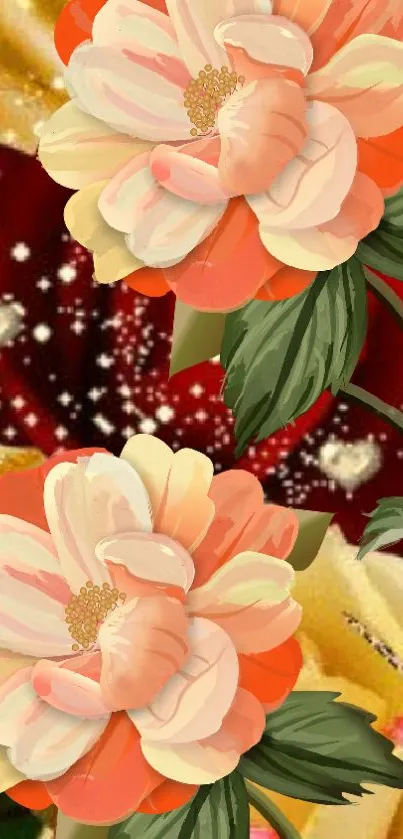 Floral wallpaper with orange and pink flowers on a red and gold background.