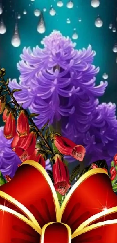 Colorful floral mobile wallpaper with purple flowers and a red bow.