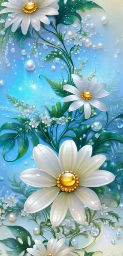 White daisies with green leaves on a blue background, creating a serene floral pattern.