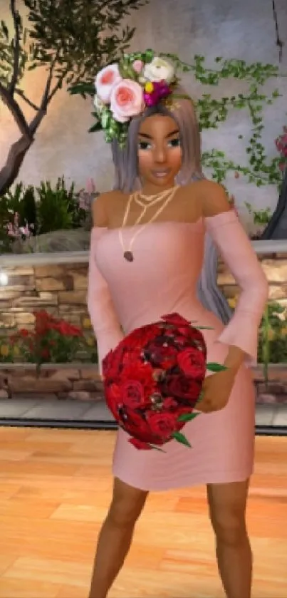 A woman in a pink dress with roses, floral background.