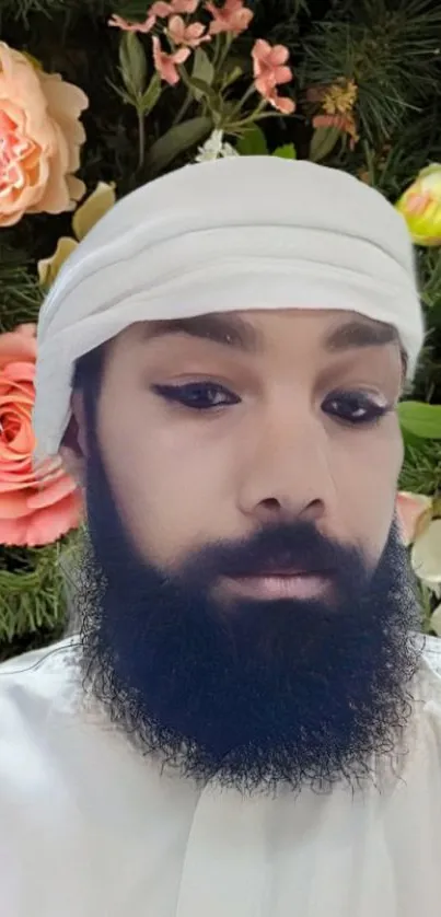 Person with floral background wearing white headdress.