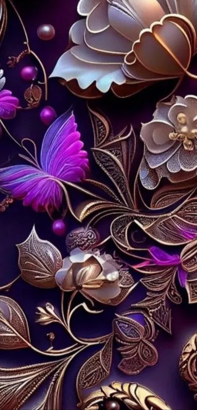 Colorful floral wallpaper with butterflies and leaves.