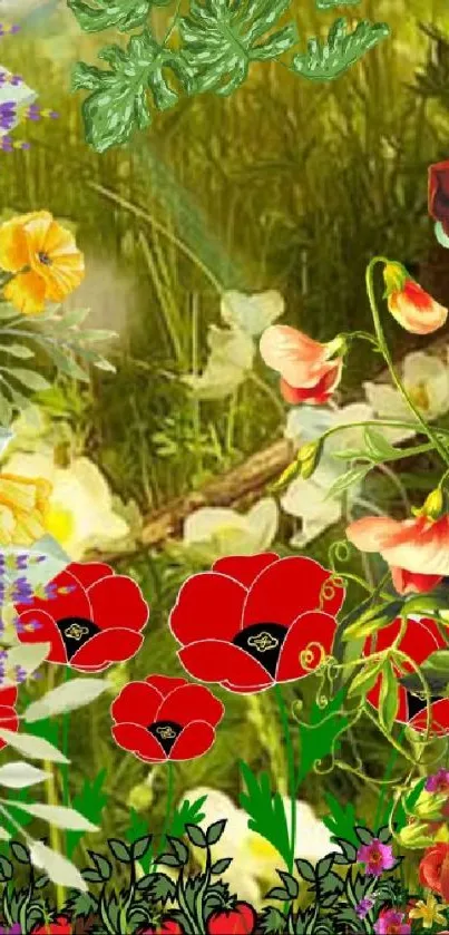 Vibrant floral wallpaper with lush greenery and red poppy flowers.