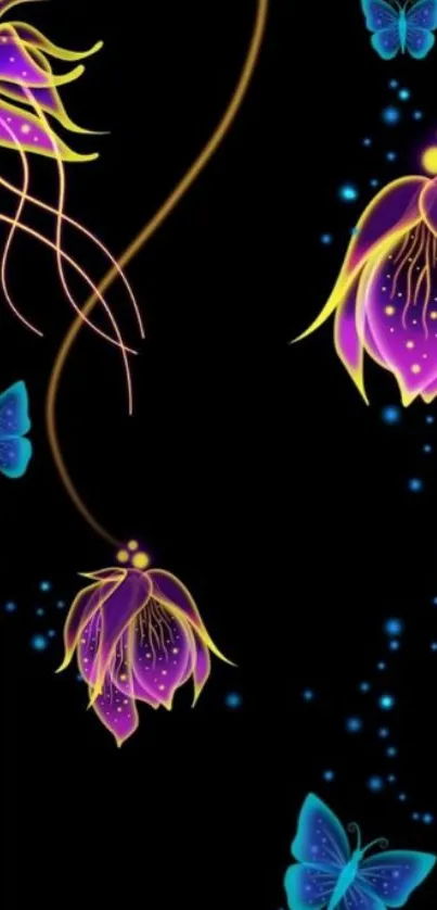 Neon floral wallpaper with glowing butterflies on a dark background.