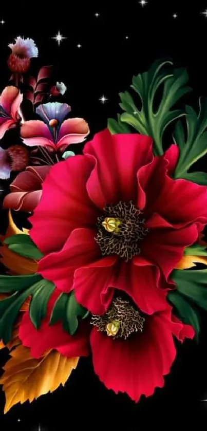 Vibrant floral design on a black starry background wallpaper.