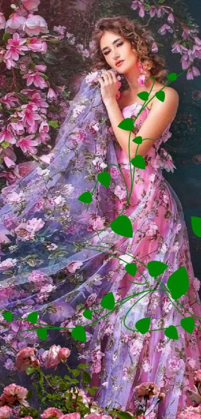 Woman in floral dress surrounded by pink flowers and green vines.