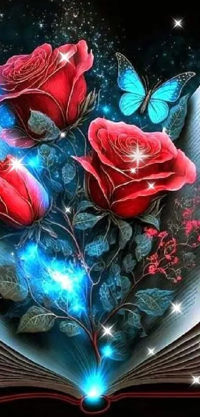 Fantasy wallpaper with book, red roses, and a glowing blue butterfly.