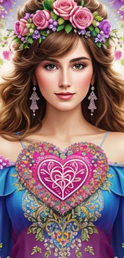 Artistic portrait of a woman with a floral crown, vibrant and decorative.