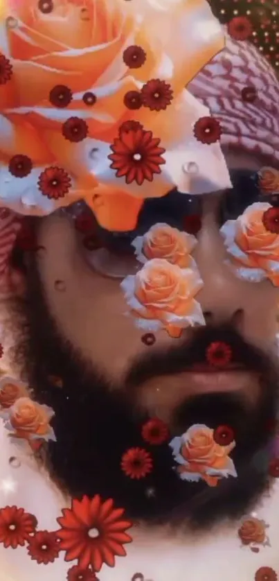 Bearded man with floral overlay wallpaper