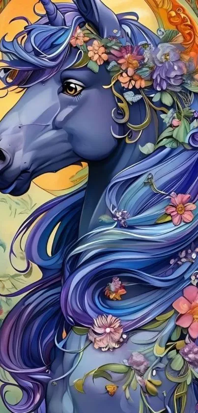 A blue unicorn with floral decorations in a colorful fantasy setting.