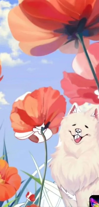 Orange flowers and cute cartoon dog with blue sky background.