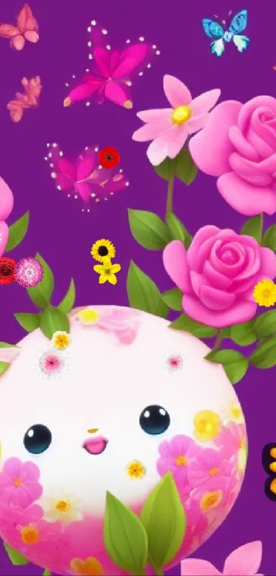 Cute floral wallpaper with pink roses and butterflies on a purple background.