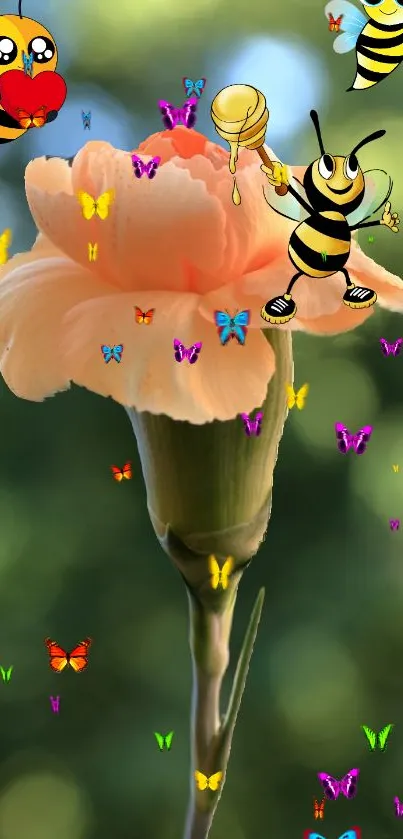 Floral wallpaper with animated bees and butterflies, ideal for vibrant themes.