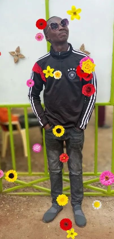 Man in stylish outfit surrounded by vibrant colorful flowers.