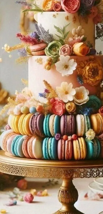 Elegant floral cake with colorful macarons.