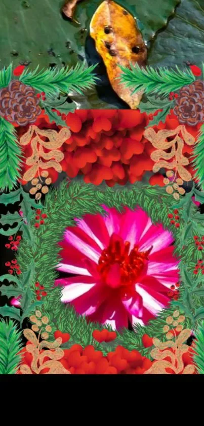 Vibrant floral mobile wallpaper with pink and festive accents.