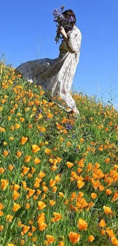 Woman walking in a flower field with a blue sky background.